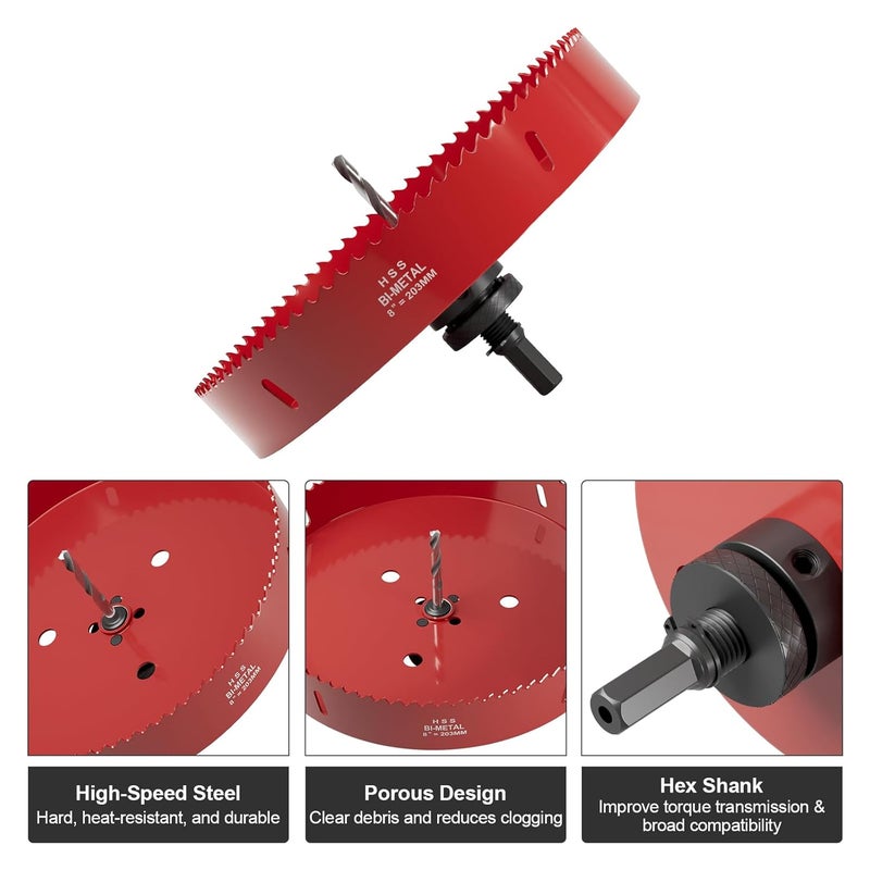 FIVELAKE 8" (203mm) Bi-Metal M42 High Speed Steel Hole Saw with Pilot Drill Bit, Smooth Cutting Edge for PVC, Drywall, Wood, Plastic, Gypsum Board, Rubber, Thin Metal - Image 2